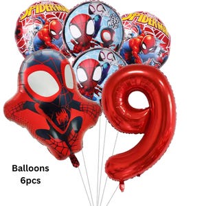 May include: A set of six foil balloons featuring Spider-Man characters and a large red number nine. The balloons include circular designs with Spider-Man graphics, a shaped Spider-Man character balloon, and a metallic red number nine balloon.