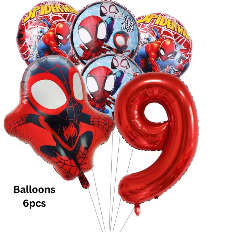 May include: A set of six foil balloons featuring Spider-Man characters and a large red number nine. The balloons include circular designs with Spider-Man graphics, a shaped Spider-Man character balloon, and a metallic red number nine balloon.