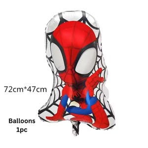 May include: A foil balloon shaped like a cartoon character with a red and blue suit, large white eyes, and a black spider web pattern on a white background. The text 72cm*47cm and Balloons 1pc is printed on the left side of the balloon image.