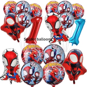 May include: A collection of Spider-Man themed foil balloons featuring round designs with the text Spider-Man and Go Webs Go, shaped character balloons, and two large number one balloons in metallic red and blue, labeled Spider balloons.
