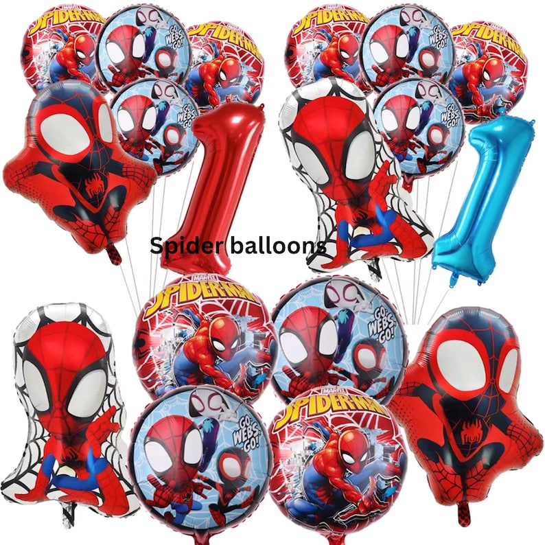 May include: A collection of Spider-Man themed foil balloons featuring round designs with the text Spider-Man and Go Webs Go, shaped character balloons, and two large number one balloons in metallic red and blue, labeled Spider balloons.