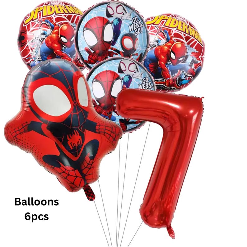 May include: A set of six foil balloons featuring Marvel Spider-Man graphics, including two round balloons with Spider-Man, two round balloons with the text Go Webs Go, one shaped Spider-Man balloon, and one large red metallic number seven balloon.