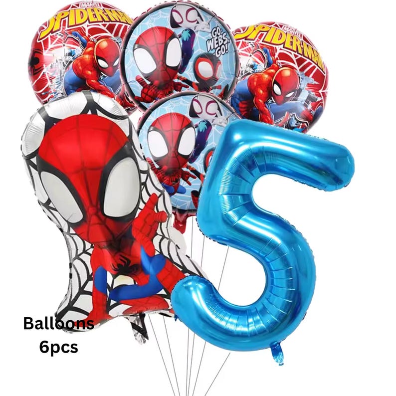 May include: A set of six foil balloons featuring Spider-Man graphics, including two round balloons with the text Spider-Man, two round balloons with the text Go Webs Go, one shaped Spider-Man balloon, and one large metallic blue number five balloon.