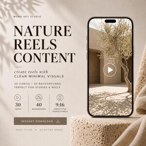 May include: A smartphone displaying a video of an olive tree in a courtyard, next to text reading MONO KEY STUDIO NATURE REELS CONTENT, 30 VIDEOS + 40 BACKGROUNDS, 9:16, and INSTANT DOWNLOAD, presented on a textured beige stone block.