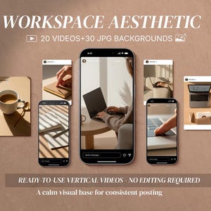 May include: An aesthetic workspace theme is displayed, featuring a collection of vertical videos and JPG backgrounds. The image showcases a coffee cup, a laptop, and other workspace elements. Text on the image reads: "WORKSPACE AESTHETIC".