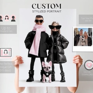 Ritratto stilizzato personalizzato – Illustrazione di moda alla moda, Ritratto di coppia con cane, Download digitale Download digitale
