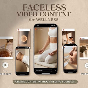 Pode incluir: Um anúncio de conteúdo de vídeo sem rosto para bem-estar. A imagem apresenta um smartphone exibindo uma mulher em roupas esportivas brancas, cercada por outros mockups de smartphones. O texto inclui "25 clipes de vídeo" e "35 planos de fundo."
