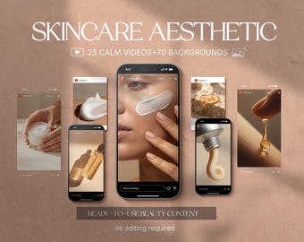 Może przedstawiać: Cyfrowa kolekcja zatytułowana SKINCARE AESTHETIC zawierająca 25 spokojnych filmów i 70 teł. Wyświetlacz pokazuje wiele smartfonów prezentujących treści kosmetyczne, w tym nakładanie kremu, buteleczki z serum oraz żelowe tekstury na skórze.