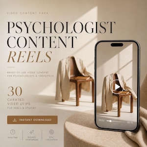 Op de afbeelding: Promotieafbeelding voor video-inhoud voor psychologen en therapeuten. De afbeelding bevat de tekst "PSYCHOLOGIST CONTENT REELS" en "30 CURATED VIDEO CLIPS". Een smartphone toont een video met een blazer over een stoel. De afbeelding bevat ook de tekst "INSTANT DOWNLOAD".