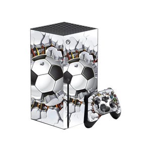 May include: An Xbox Series X console and controller skin set. The design features a soccer ball graphic breaking through a wall. The controller has a matching soccer ball design with black and white buttons.