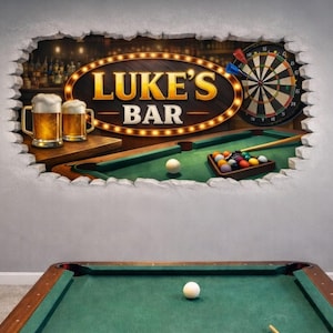 May include: A wall mural depicting a bar scene with the text "LUKE'S BAR". The mural shows a pool table, dartboard, and beer mugs. The image is designed to look like a hole in the wall, with a realistic 3D effect.