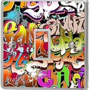 May include: A light switch cover with a colorful graffiti design featuring words like "Gang", "Buff", and "Graffiti".