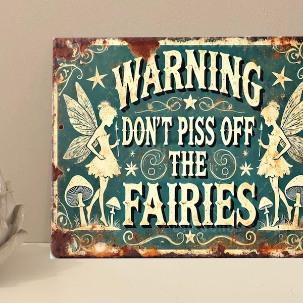 1x Targa decorativa in metallo stile rustico retrò con scritta "Warning Fairies Garden" - Regalo mt875