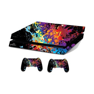 May include: A black games console and two matching controllers feature a vibrant paint splatter design. The console has the text "grafX" on the side. The controllers are decorated with the same colourful paint splatter pattern.