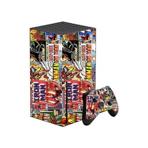 May include: A gaming console and controller set featuring a comic book design with Iron Man and other characters. The console and controller are covered in a collage of comic book panels in red, yellow, and blue.