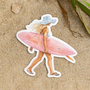 Pegatina de vaquera costera, chica surfista, ambiente californiano, tabla de surf, pegatinas playeras para portátiles, botellas de agua, calendarios, manualidades, regalos.