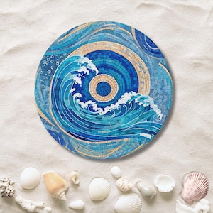 Posavasos de mosaico oceánico, posavasos de cerámica costera, diseño de olas azules, parte trasera redonda de corcho, posavasos de playa