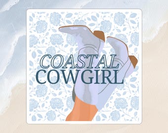 Coastal Cowgirl Sticker – Trendy Vinyl Decal for Summer, Preppy Cowgirl Aesthetic, Western Beach Style Tumbler, Laptop Sticker, Blue Floral