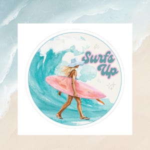 Pegatina "Surfs Up", calcomanía de chica surfista, pegatinas para portátiles, botellas de agua, calendarios, manualidades y más.
