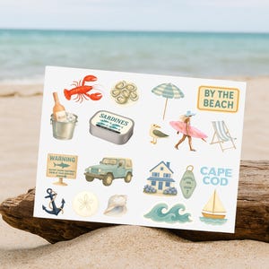 Feuille d'autocollants de plage côtière, 19 autocollants Cape Cod, Nouvelle-Angleterre, Esthétique estivale, Homard, Jeep, Rose, Surf, Vie marine, Petite-fille côtière