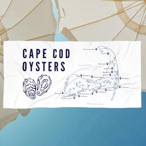 Cape Cod Austern Strandtuch, Küsten Cape Cod Karte Handtuch. Nautisches Austern-Liebhaber-Geschenk, Neuengland-Sommergeschenk für Austern-Meeresfrüchte-Liebhaber