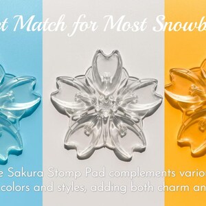 May include: Clear, flower-shaped stomp pads in blue, clear, and amber are displayed against color-blocked backgrounds. The text reads "Perfect Match for Most Snowboards" and "The Sakura Stomp Pad complements various board colors and styles, adding both charm and grip."