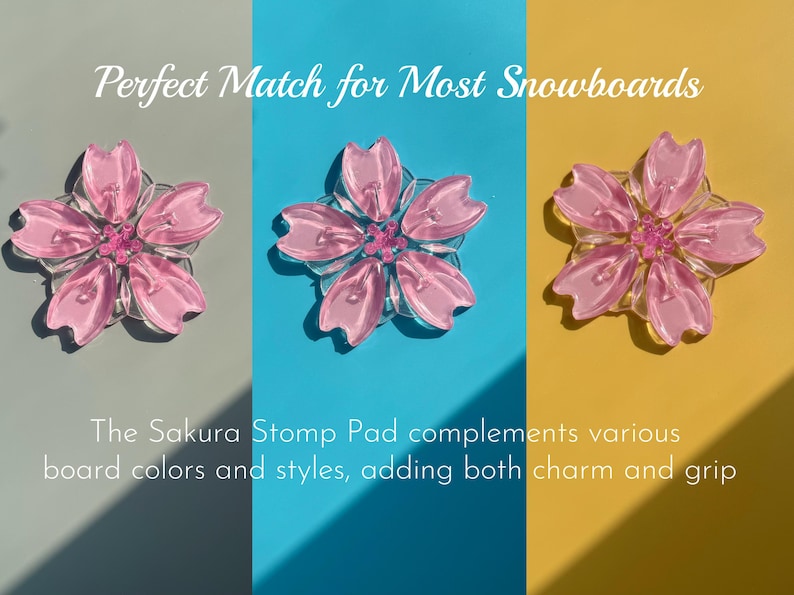 May include: Three pink, flower-shaped stomp pads for snowboards. The pads have a clear, textured design with a pink center. The background is divided into three sections: gray, blue, and yellow.