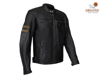 Ręcznie robiona skórzana kurtka w stylu vintage | Skórzana kurtka motocyklowa Café Racer | Kurtka do jazdy na motocyklu miejskim | Czarna kurtka z zamkiem błyskawicznym dla mężczyzn