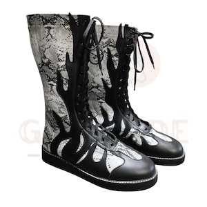 Handmade Pro Wrestling Long Boots | Custom Snake Pattern Wrestling Lace Up Boot | Professional Wrestling Boots | Men White Leather Tall Boot