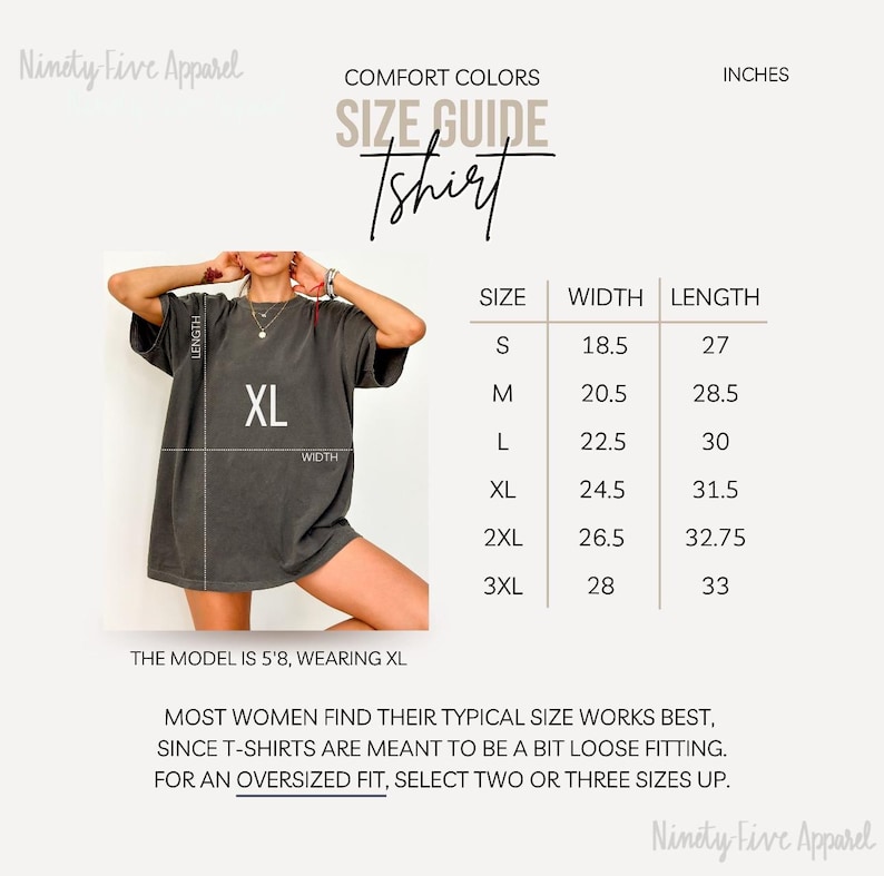 May include: Size chart for a t-shirt with measurements in inches. The chart shows the width and length of the shirt in sizes S, M, L, XL, 2XL, and 3XL. The model is wearing a size XL.