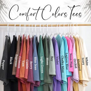 May include: A row of 16 t-shirts hanging on a rack, showcasing a variety of colors, including white, ivory, mustard, orchid, neon pink, lagoon blue, chalky mint, violet, bay, moss, light green, blue jean, berry, cumin, yam, crimson, espresso, and black. The t-shirts are labeled with their respective colors.