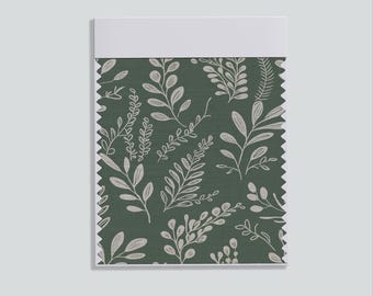 Deep Green Botanical Fabric with Hand-Drawn White Leaves, Minimalist Nature-Inspired Material for Curtains, Pillows, Tablecloth