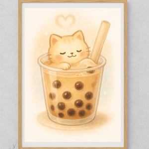 Kawaii Bubble Tea Cat Print: Cozy Kitchen Nursery Decor (Digital Download PNGs)