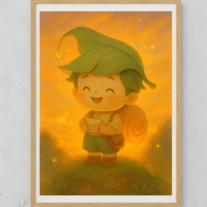 Arte de pared de Sori, el niño caracol, personaje kawaii imprimible con letra, decoración emotiva de atardecer en el bosque, descarga digital acogedora para regalo de guardería.
