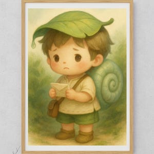 Arte de pared de niño caracol kawaii / Retrato imprimible de Sori sosteniendo una carta / Decoración digital emotiva / Regalo caprichoso para ella o para él