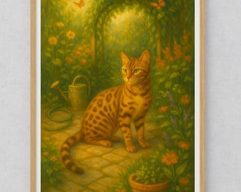 Bengal Cat Digital Download, Cottagecore Cat Wall Art, Garden Printable Decor, Whimsical Animal Artwork