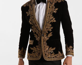 Men's Black Velvet Embroidered Blazer | Luxury Handcrafted Party Tuexedo | Royal Wedding Velvet Jacket
