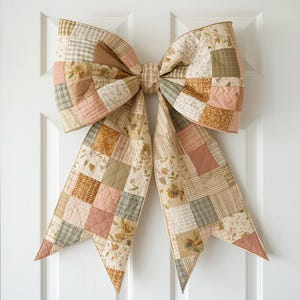 Op de afbeelding: Een grote, decoratieve strik van gewatteerde stof, met een patchwork ontwerp in roze, beige, groen en bruin. De strik is bevestigd aan een witte deur, wat een handgemaakte, landelijke esthetiek laat zien.