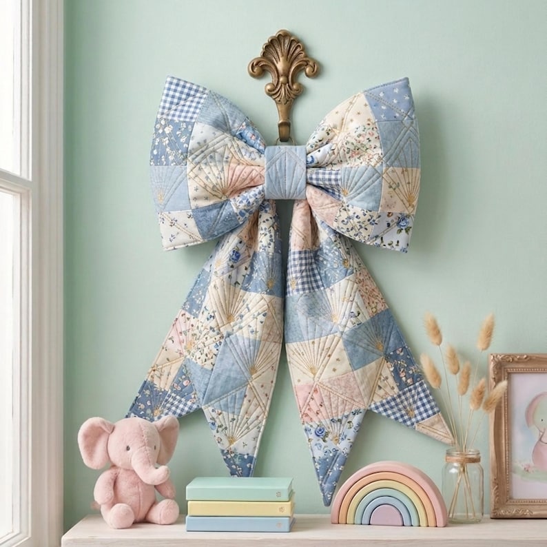 May include: A large, decorative fabric bow featuring a patchwork design of light blue, white, and soft pink floral and gingham patterns. The bow is quilted with intricate stitching and hangs from a decorative gold-toned metal wall hook.