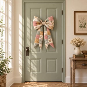 Könnte beinhalten: Eine große dekorative Schleife aus gestepptem Stoff mit einem Patchwork-Design aus Blumenmustern und Vichy-Karos in gedeckten Tönen von Rosa, Salbeigrün, Senfgelb und Creme, die mittig an einer salbeigrünen Kassettentür hängt.