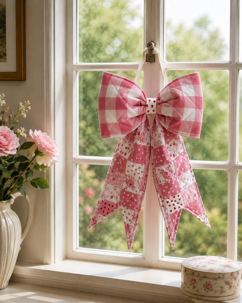 May include: A quilted fabric bow decoration featuring a pink and white gingham pattern on the top loops and a patchwork design on the two long tails. The patchwork consists of various pink and white floral and heart-shaped prints on fabric.