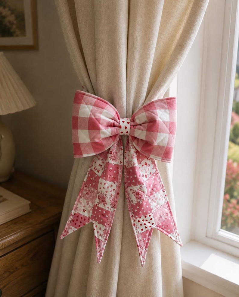 May include: A quilted fabric curtain tieback featuring a large bow with a pink and white gingham pattern. Two long, pointed tails hang down, showcasing a patchwork design of pink floral prints and small red hearts on a white background.