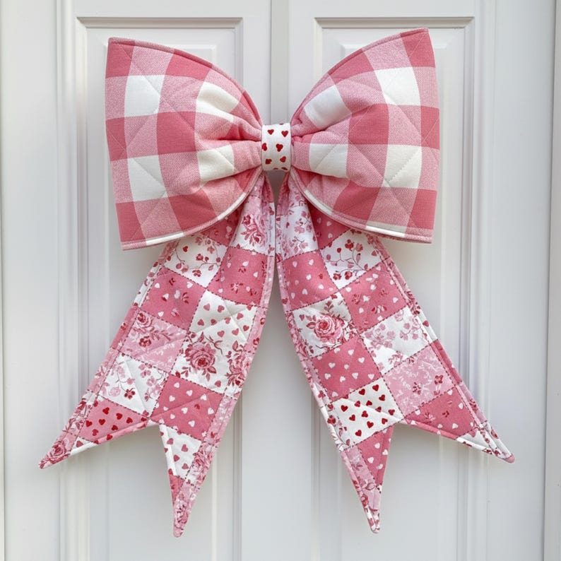 May include: A large decorative bow featuring a quilted pink and white gingham pattern on the top loops. The two long, hanging tails are made of a patchwork fabric with various pink and white floral and heart prints. A small center band features hearts.