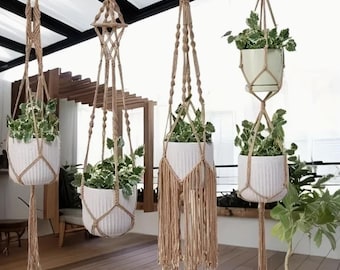 Set of 5 Macrame Plant Hangers - Boho Indoor/Outdoor Hanging Baskets, Handmade with Fringes (Pots and Plants Not Included)