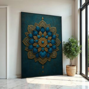 Gold Blue Mandala Canvas Art, Intricate Mandala Wall Print, Boho Style, Decorative Wall Art Canvas Design, Ready to Hang Decoration