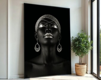 Silver Elegance Canvas, Afro Woman Art, Ethnic Wall Art, Bold Portrait Print, Art Deco Style, Wall Art Canvas Design, Ready to Hang Decor
