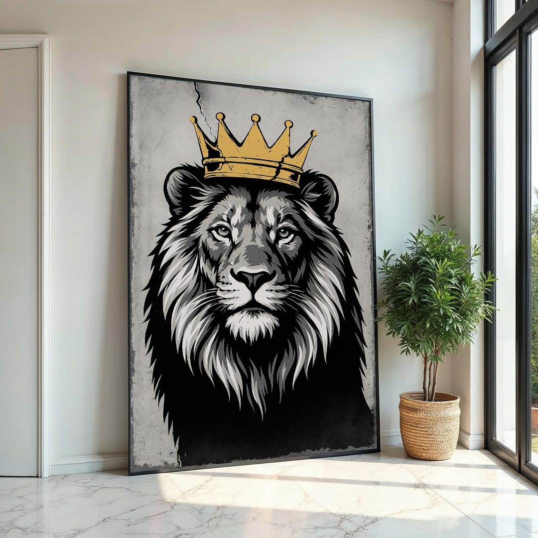 Regal Lion With Crown Canvas, Majestic Lion Wall Art, King of the ...