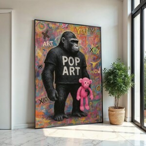 Pop Art Gorilla Canvas, Graffiti Wall Art, Colorful Ape Poster, Gorilla with Pink Toy, Wall Art Canvas Design, Ready To Hang Decoration