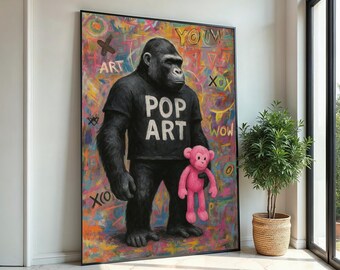 May include: A colorful painting of a gorilla wearing a black t-shirt that says "POP ART" and holding a pink toy monkey. The background is a vibrant mix of colors and graffiti-style text.