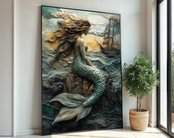 Lienzo de sirena majestuosa, arte de pared oceánico, impresión de sirena, póster de criatura marina, diseño de lienzo para pared, decoración lista para colgar
